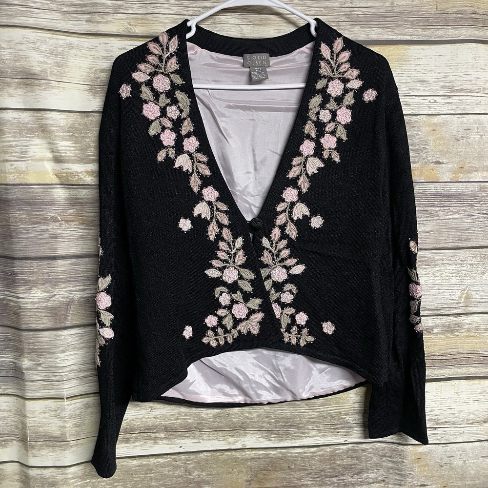 Sigrid Olsen Black Embroidered Sequin‎ Embellished Cardigan Blazer Petite Medium